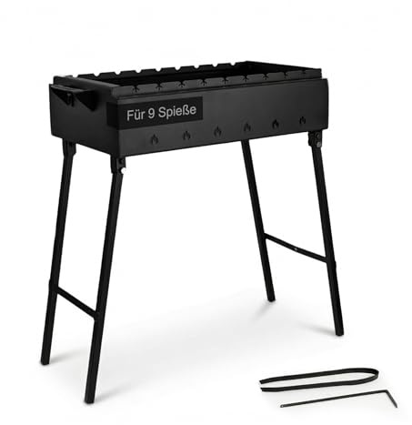 Mangal Klappbar Holzkohlegrill für 9 Spieße 2 mm Stahl 60x33 cm Schaschlik | Grill Shashlychnik BBQ Klappgrill Ideal für Garten, Camping & Picknick