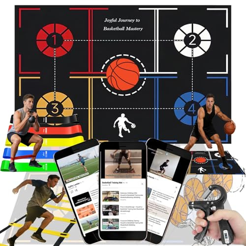 Basketball-Trainingsausrüstung, Trainingsmatte, Dribbeltrainer | Inklusive Trainingsmatte, Koordinationsleiter, Griffkrafttrainer, Widerstandsbändern. Verbessert Schnelligkeit und Kraft