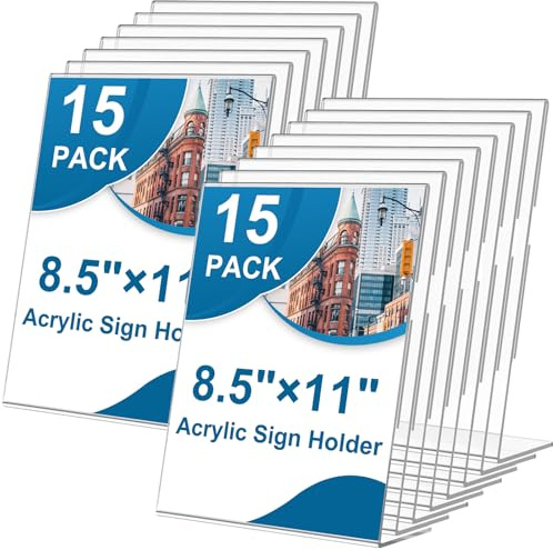 15 Pack Acrylic Sign Holder 8.5 x 11, L-Shape Clear Plastic Display Stand for Tabletop, Acrylic Stands for Flyers, Table Paper Holder, Vertical Sign Holder 8.5x11 for Restaurants, Office and School(Slant 15 Pack 8.5x11)