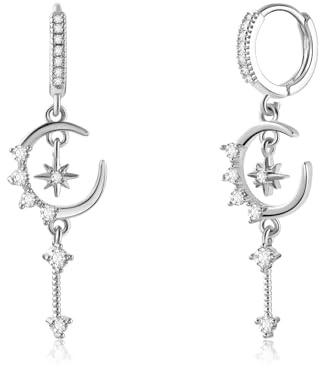 Ohrringe Damen,Silberne Ohrringe Mond und Stern mit Glitzer Zirkonia,Elegante Hänger für Frauen,Lange Silber Anhänger Damen,Tropfen Anhänger Glitzer,Women Schmuck Geschenk,Sternenhimmel-Stil