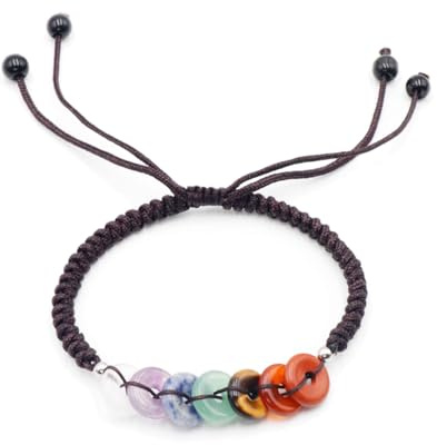 TJUSPIRIT 7 Chakra Armband mit Geflechtband 7 Anhänger mit Donut-Loch Natürliche Heilsteine Einstellbare Armbänder Meditation Healing Reiki Geschenk