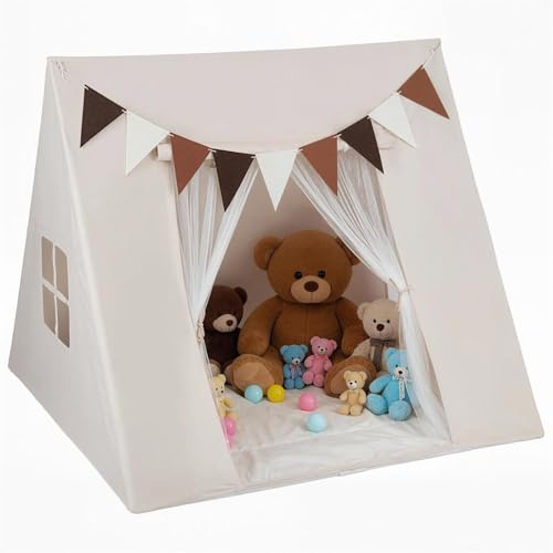 HOMASIS Tipi Zelt für Kinder, Tippi Kinderzelt Indoor, Spielzelt mit gepolsterter Matte, 2 Fenstern & Vorhang & 9 Flaggen, Spielhaus Tipizelt für Mädchen & Jungen, Kinderspielzelt Kinderzimmer, Beige
