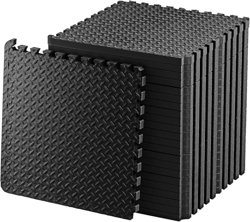 Exercise Foam Mat - Anti fatigue Protective Interlocking Puzzle EVA Floor Tiles with Edges - Gym Flooring Mats - Non slip Rubber Cushion for Underlay (Black, 20 Tiles (80 Square Feet))