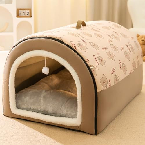 GZGLZDQ Hundehöhle mit abnehmbarem Kissen, 2 in 1 Warme und Gemütliche Hundehütte Indoor, Plüsch Hundebett für Kleine, Mittlere, Große Hunde und Katzen(Brown,60 X 45 X 40 cm)