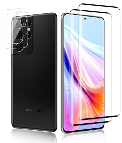 2+2 Pièces Verre Trempé pour Samsung Galaxy S21 Ultra - Protection Écran 3D, 9H Anti-Rayures, Verre de Protection Transparent HD, Protection Vitre Renforcée & Caméra, Toucher Sensible, Sans Bulles