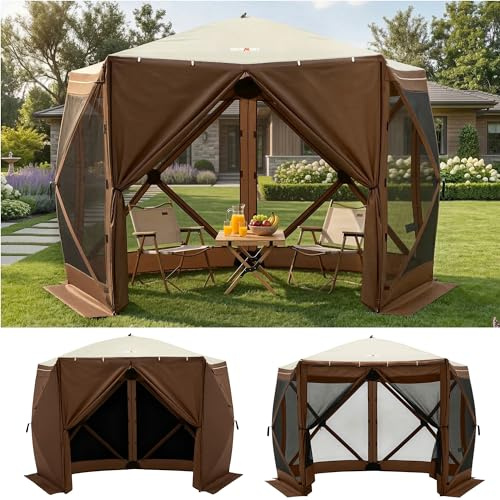 Overmont Pop up Gazebo Screen Tent - Large Instant Screen House Tent | Netting Removable Wind Cloths Dual Open Door Skylight - Portable Outdoor Screened Shelter for Camping Backyard Patio Parties
