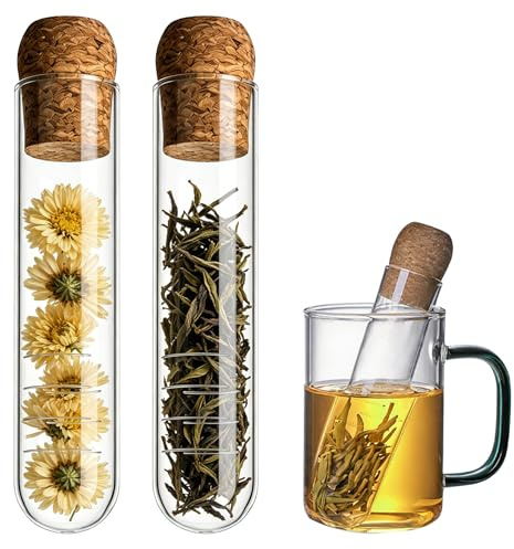 2 Piezas Filtro de Té Vidrio, Colador de Té de Cristal Clear, Colador de Té de Vidrio con Corcho Infusor de Té Tubo, Infusionador de Vidrio Resistente al Calor, para té de hojas sueltas y flores de té
