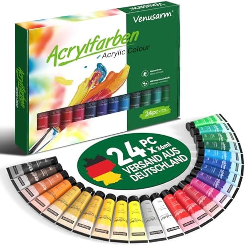Venusarm Acrylfarben Set 24x36ml Ungiftig, Acrylic Paint Set Lichtecht and Gute Deckkraft, Wasserfest Acrylfarbe Set für Leinwand Holz Papier Stoff Stein Schnell Trocknend
