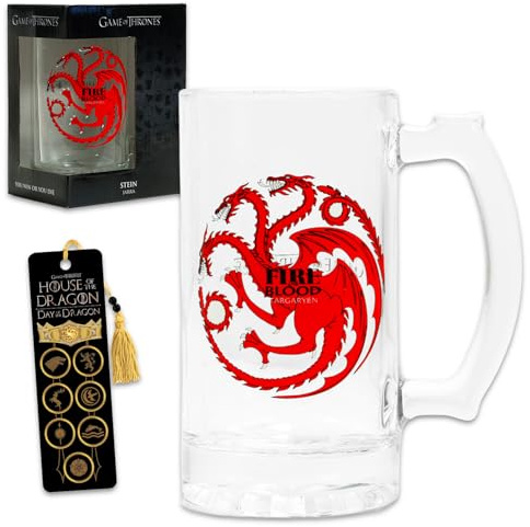 Game of Thrones Beer Mug for Adults - Bundle with 16 Oz Targaryen Beer Stein Drinking Glass Plus Bookmark House Targaryen Collectible Heavy Glass Mugs with Handles for Men and Women