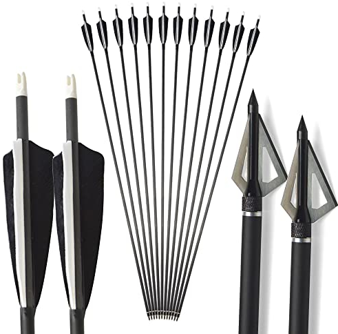 MILAEM 34 Carbon Pfeil Spine 500 Bogenpfeile Jagdpfeile Naturfeder mit 100 Korn Pfeilspitze austauschbarer Kohlenstoffpfeile für Recurve Bogen Compound Bogen Bogenschießen Jagd (Pfeile + broadheads)