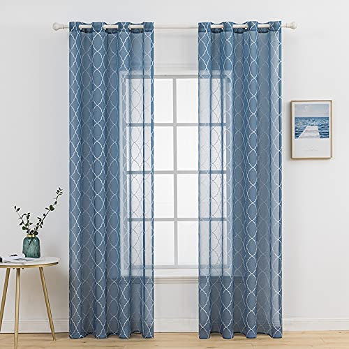 MIULEE Gardinen Vorhang Wohnzimmer 2er Set mit Ösen Transparente Vorhänge Stores gardinen mit kräuselband Stickerei Ösenschal Fensterschal Dekoschal für Schlafzimmer 245 x 140cm (H x B) Dunkelblau