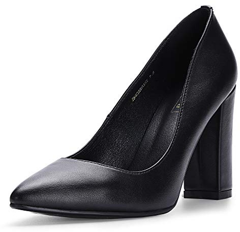 IDIFU Women's IN4 Chunky-HI Block High Heels Closed Pointed Toe Pumps Dress Office Shoes for Women (Black Pu R, Numeric_8)