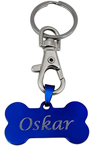 Hanessa Personalisierte Hundemarke mit Gravur blau Knochen Edelstahl 15x40 mm | Halsband Anhänger Hund Gravur | Namensschild Hundehalsband personalisiert