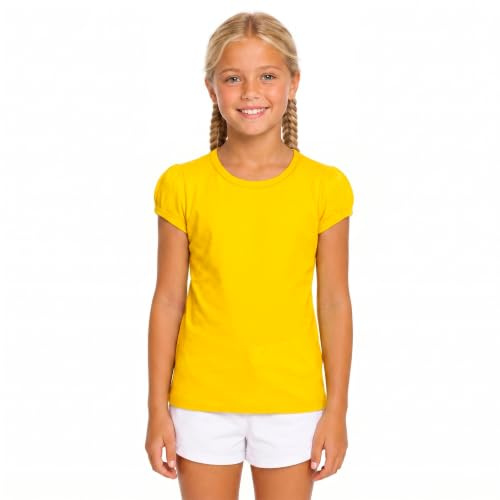 Lilax Girls' Basic Short Puff Sleeve Round Neck Cotton T-Shirt