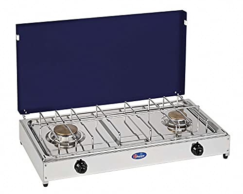 Hornillo de mesa Parker Gas GLP (bombonas de gas) 2 fuegos con plataforma de acero inoxidable tapa azul marco gris 5522GB