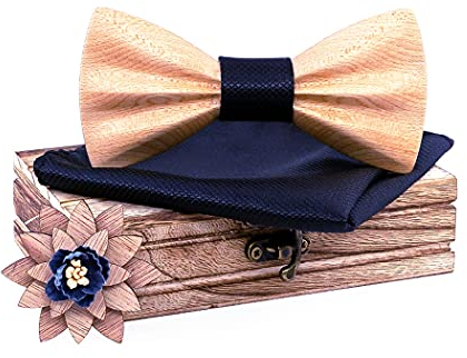 HZQIFEI Jeu de Nœud Papillon en Bois, Noeud Papillon Bois avec Carré de Tissu et Broche en Bois pour Cadeau, Réception, Mariage (C16, 3Pcs)