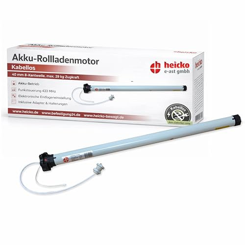 heicko Akku Rollladenmotor 13 Nm für 40 mm 8-Kantwelle – Funk Rohrmotor mit elektronisch einstellbaren Endlagen, Soft-Stopp, bi-direktional, max. 29 kg