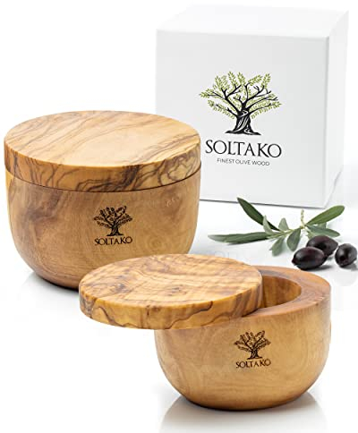 SOLTAKO Especiero con Tapa Hermética de Madera de Olivo, Azucarero y Salero, Juego de 2 Cajas de Cocina, Condimento, Especiero Ø 10 cm