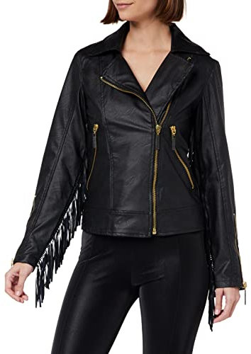 KENDALL & KYLIE Damen Leather Crossed Fringe Jacket K&K W VGN Lederjacke MIT GEKREUZTEN FRANSEN KKW3716104, SCHWARZ, S, Black, S