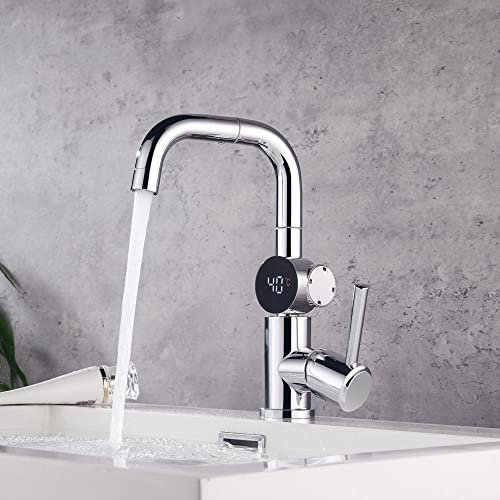 Klobvtt Robinet de lavabo pivotant multidirectionnel, robinets chauds et froids de salle de bain avec affichage numérique de la température LED, robinet blanc à une poignée pour évier de camping-car/b