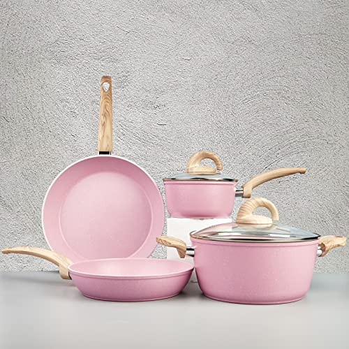 Vkoocy Ensemble de Casseroles et Poêles Roses Antiadhésives - Cuisine en Céramique Motif Granit, Ustensiles à Induction, Non Toxique, Sans PFOA