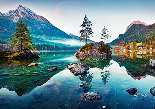 wandmotiv24 Fototapete See Alpen Berge Wald, 300 x 210 cm - selbstklebende Vliestapete 150g, Wanddeko, Wandbild, Wandtapete, Bayern Deutschland Wasser Himmel M6750