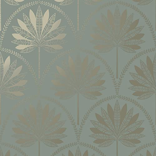 K Collection Dusky Blue Metallic Gold Tropical Glistening Palm Tree Leaves Feature Wallpaper (13417)