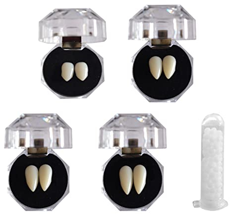 5 STÜCK Vampirzähne, Halloween Vampir Zähne, Vampire Cosplay Fangs, 4 Sizes Vampire Teeth with 1 Tube Teeth Pellets Adhesive, Halloween Vampir Zahnersatz Für Cosplay Requisiten Vampire Fangs