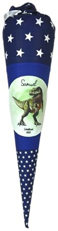 Schultüte aus Stoff blau mit Name Dino Zuckertüte 70cm oder 85cm marineblau