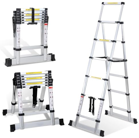 Lospitch Escalera telescópica plegable de 1,7 + 2 m, escalera de aluminio antideslizante, escalera multiusos, marco A, 5 + 6 peldaños, escalera de aluminio, capacidad de carga de 150 kg