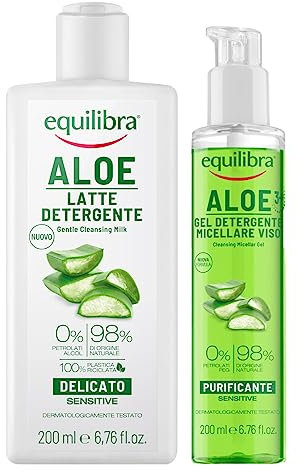 Equilibra Aloe 3+ Gel Detergente Micellare Viso Purificante Adatto alle Pelli Sensibili da 200ml + Equilibra Aloe Latte Detergente Delicato Idratante e Purificante da 200ml - 2 Prodotti
