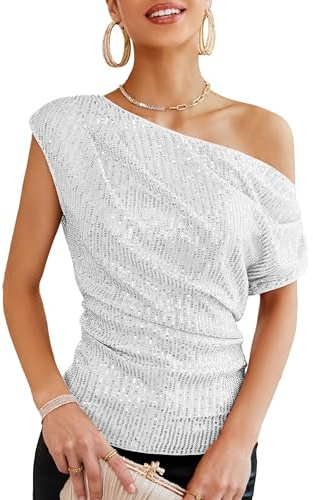 GRACE KARIN Damen Pailletten Oberteil One-Shoulder, Asymmetrisch & Voll Gefüttert, Festliches Party Outfit Silber Weiß S