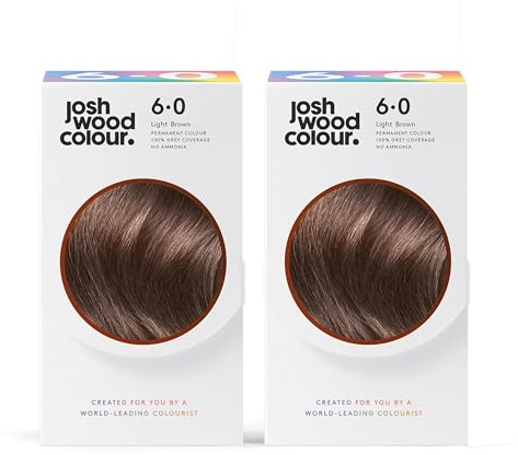 Josh Wood Permanent Hair Dye, 6.0 Light Brown, Ammonia-Free, 296ml 2-Pack | 100% grey coverage, vegan formula, shine complex for glossy hair, salon-created colour, easy root-to-tip application
