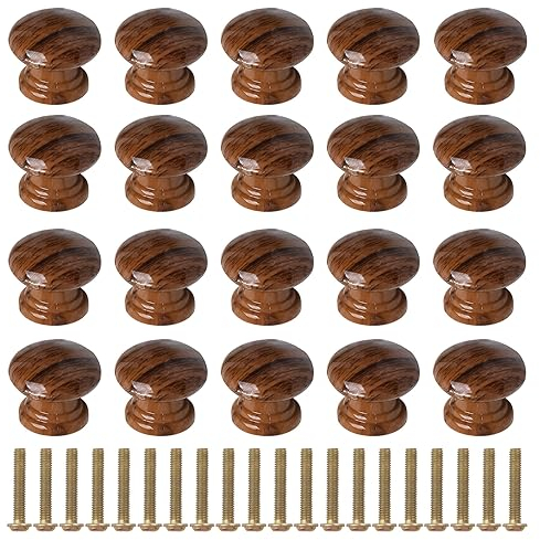 UFURMATE Plastic Wood Grain Drawer Pulls - 20Pcs Single Hole Round Cabinet Knobs for Cupboard Wardrobe Furniture (Dark Brown)