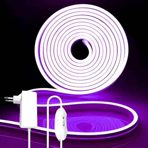 iNextStation 12V Purple Neon Rope Lights 5m, with 60W Power Plug and Dimmer, Waterproof, Cuttable, Dimmable & Flexible, for Bedroom, Kitchen, Cabinet, Staircase, Ceiling, Wall, Garage