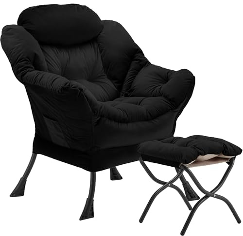 Youtanic Lazy Chair mit Klappbarer Ottomane, Akzentstuhl Samt gepolstert mit Metallstruktur und rutschfesten Pads, Sofasessel mit Fußstütze und seitlicher Aufbewahrungstasche für Wohnheim, Zimmer,