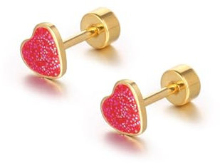 Boucles d'Oreilles En Forme De Cœur En Titane 18 g Pour Femmes Et Filles Plaqué Or 14 Carats En Acier Inoxydable Petites Paillettes Mignonnes Clous Pour Cartilage Tragus Vis Arrière Piercing (Rouge)