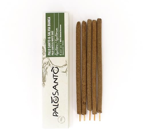 PALOSANTO - Palo Santo Räucherstäbchen Natürliche mit weißem Salbei - 5 Stäbchen - Räucherstäbchen Weihrauch Handgemacht in Peru - Stellt das Gleichgewicht Wieder her und reinigt die Umgebung