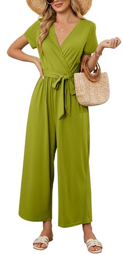 OUGES Jumpsuit Damen Sommer Elegant Overall Lang Playsuit Kurzarm Casual Hosenanzug mit Taschen(Grün,M)