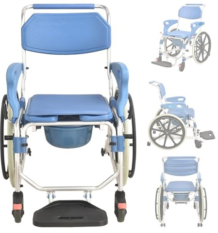 LANGSTON Shower Wheelchairs for Disabled, Self Propelled Shower Commode Chair, with Flip Armrest, Footrests, Potty, Travel Wheelchair for Handicap Elderly, 330lbs,53x69x100cm