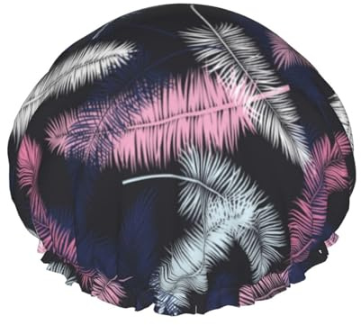 Bonnet de douche pour douche – Plumes roses et blanches – Grand bonnet de douche réutilisable et imperméable – Bonnet de douche double couche pour femme – Bonnet de douche pour douche avec doublure en