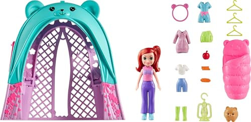 Polly Pocket Puppen- & Haustier-Spielset, Reisespielzeug mit Camping & Futterzubehör, Glamping-Zelt