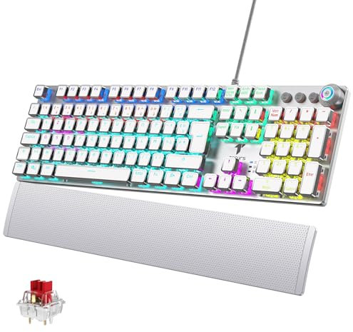 TECURS Clavier Gaming Mécanique - Clavier Gamer Programmable avec Repose-Poignet Magnétique, Switchs Rouges, 19 Modes LED, Touches Multimédia, Clavier AZERTY PC/Wins/PS4,Blanc
