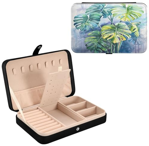 Leder-Schmuckschatulle, bemalte Monstera-Pflanze, Halskette, Ring, Ohrringe, Organizer für Damen, Reise-Schmuck-Organizer