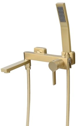 PHASAT Wandmontage Badewannenarmatur mit Handbrause, Einhand-Wannenbatterie mit Schwenkarm, Badewannenarmaturen mit 90 ° drehbarer Auslauf, Wannenarmatur Badarmaturen Gebürstetes Gold PTBG18E
