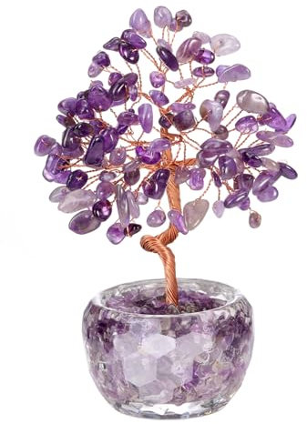 JSDDE Décoration Arbre de Vie en Pierre Naturelle d'Énergie,Base Verre coloré Rond Feng Shui l'arbre de l'argent,Cristal Guérison Méditation Reiki Table Décor Hauteur 13 à 14CM (Améthyste)