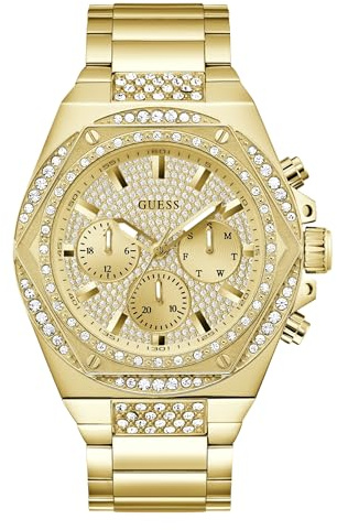 GUESS Herren Armbanduhr FURY mit Zirkonia, goldfarbenes Edelstahlarmband, Mineral Glas, goldenes Ziffernblatt, 5 Bar, Gehäusedurchmesser: 47 mm, GW0899G2