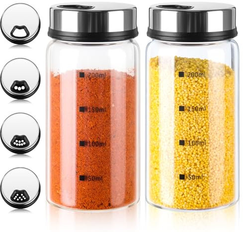 TIECHI 2 Stück 200ml Gewürzgläser mit Streueinsatz, Borosilikatglas Gewürzstreuer mit 4 Gewürzlöchern für Küche, Grillen, BBQ und Kochen - Praktische Salzstreuer Gewürzdosen für Kräuter und Gewürze