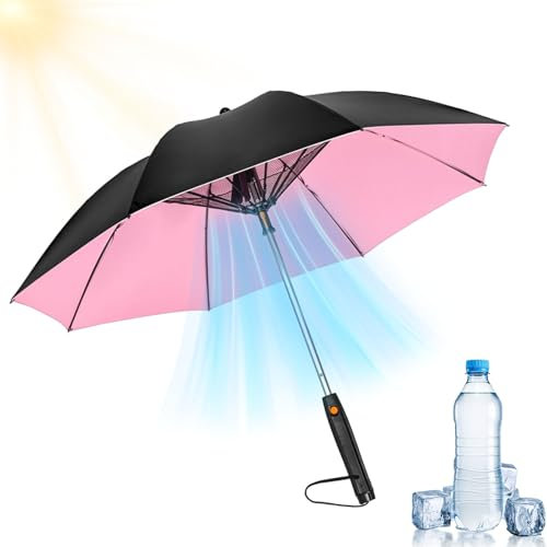 HItianya Misting Umbrella with Fan Water Bottle, Cooling Effect of 5-7°C, UPF 50+ Sun Protection Travel Umbrellas, USB Rechargeable Sunshade, 2 in 1 Portable Umbrellas for Beach (Pink, Rechargeable)