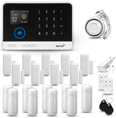 HUXGO® HXA003 Alarmanlage für Haus WiFi + GSM 4G Set mit Sirene | Funk Alarmanlage Wohnung mit App. TUYA |Alarm System mit 9X Bewegungssensor, 9X Fensteralarm/Türsensoren | Smart Home